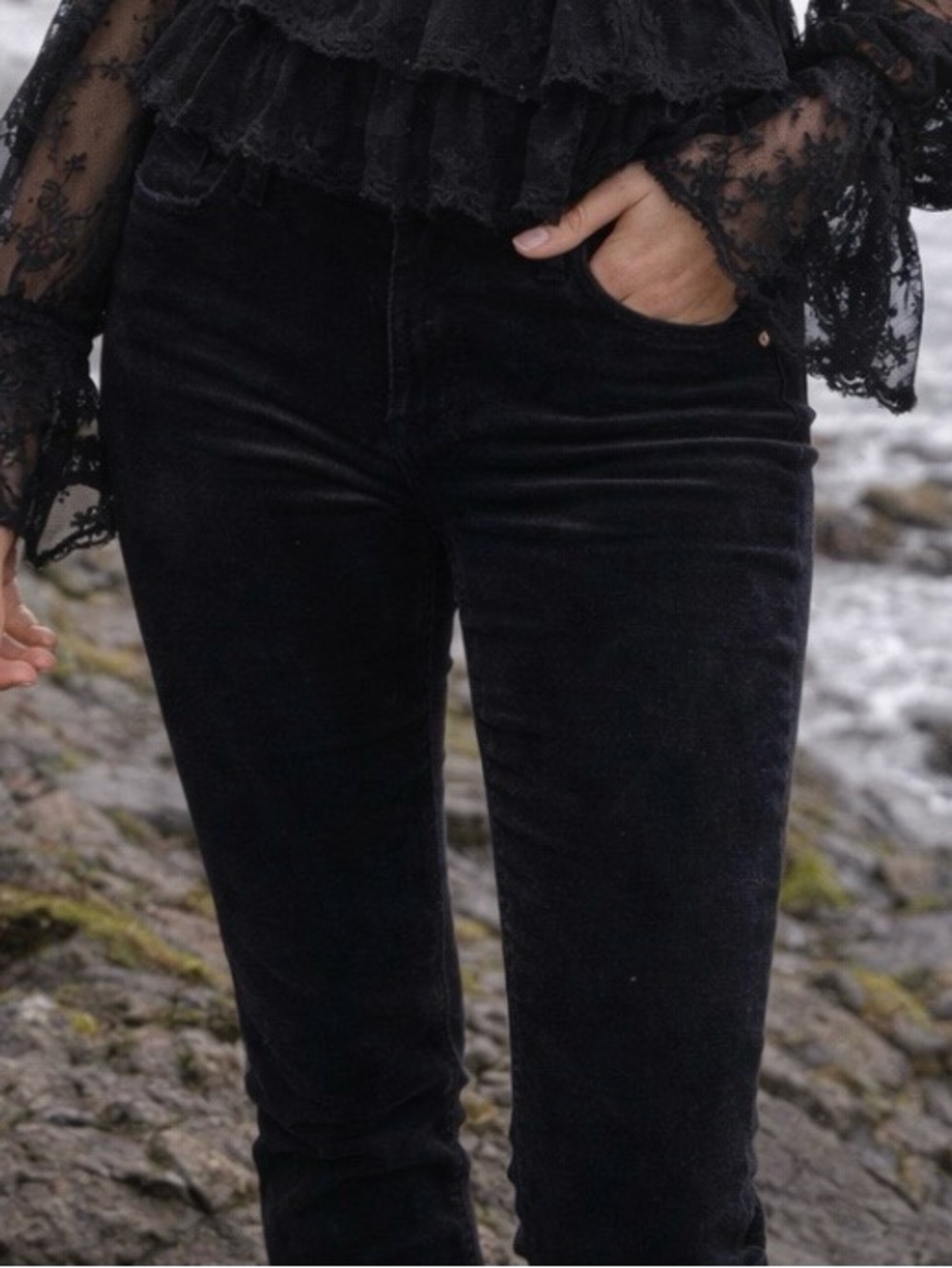 Velvet Black Teddy Bear Feel Cozy Skinny Jeans 27 Goth Witchy Normcore Versatile